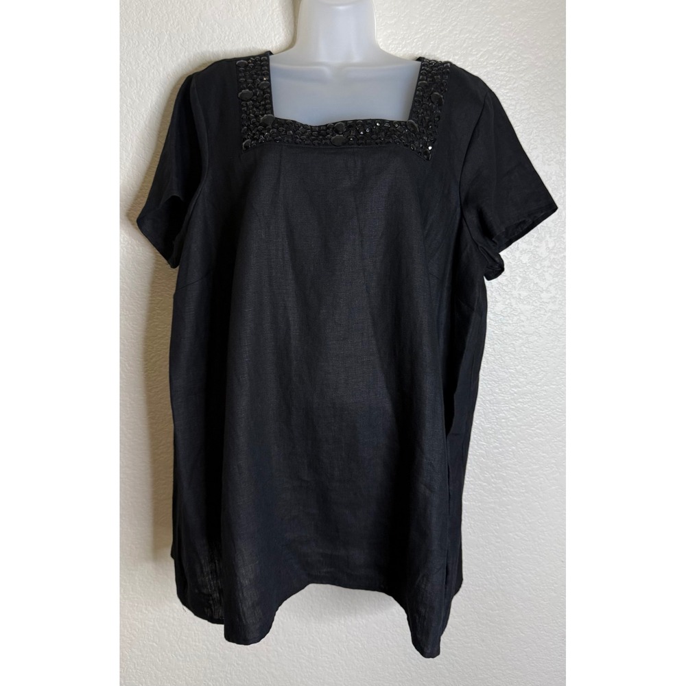 Style & Co Womens 16W Tunic Top Black Linen Beaded Square Neck Short Sleeve